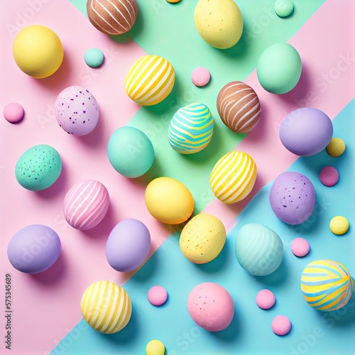 Top view photo of easter decorations multicolored easter eggs on isolated pastel background. Colorful Easter Egg bottom border over a pastel paper banner background. Generative Ai