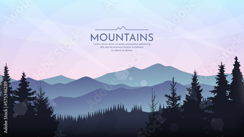 A panoramic view of the mountains. Silhouettes of coniferous trees in the foreground. Foggy mountain landscape. Morning twilight. Vector illustration background. The concept of tourism, travel.