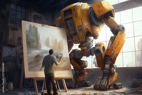 The robot and man draws on the easel, made with Generative AI photo