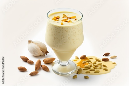 A milk shake called kesar badam, or almond saffron milk, made in Kerala, India, with almonds, spices, and milk. Kheer, a classic North Indian beverage revered for its medicinal properties Badam lassi photo