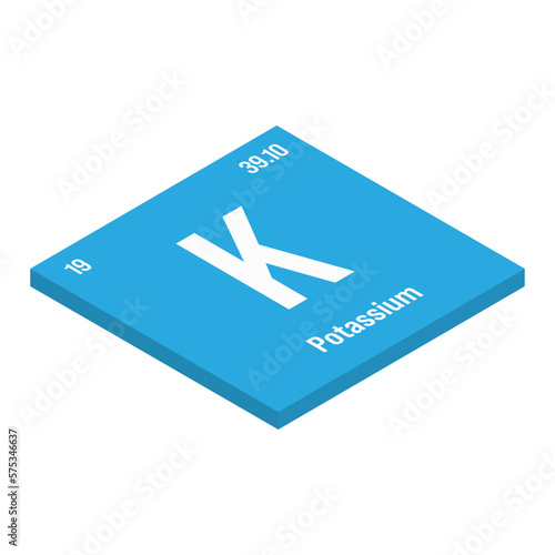 Potassium, K, periodic table element with name, symbol, atomic number and weight. Alkali metal with various industrial uses, such as in fertilizer, soap, and as a medication for certain medical