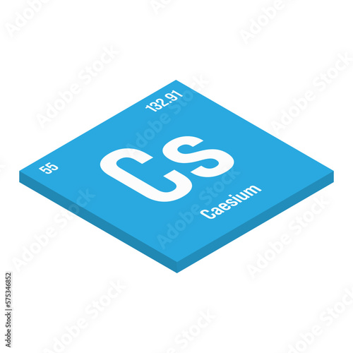 Caesium, Cs, periodic table element with name, symbol, atomic number and weight. Alkali metal with limited industrial uses, but commonly used in atomic clocks and as a source of gamma radiation for