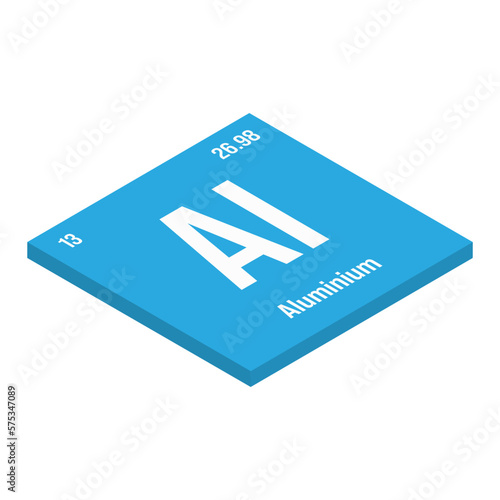 Aluminum, Al, periodic table element with name, symbol, atomic number and weight. Lightweight metal commonly used in construction, packaging, and transportation industries due to its strength and