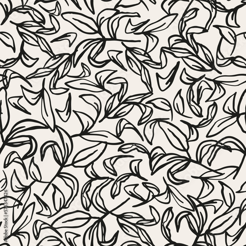 Abstract doodled leaves seamless repeat pattern. Random placed, vector botanical garden plant elements all over surface print on beige background.