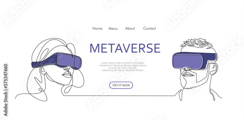 Metaverse digital cyber world technology, man and woman with virtual reality VR goggle continuous one line drawing. Can used for logo, emblem and banner. Illustration with quote template.  