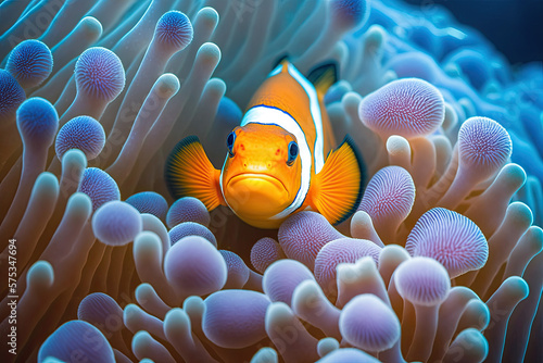 Fotografia, Obraz a cute anemone fish hiding between corals. Generative AI