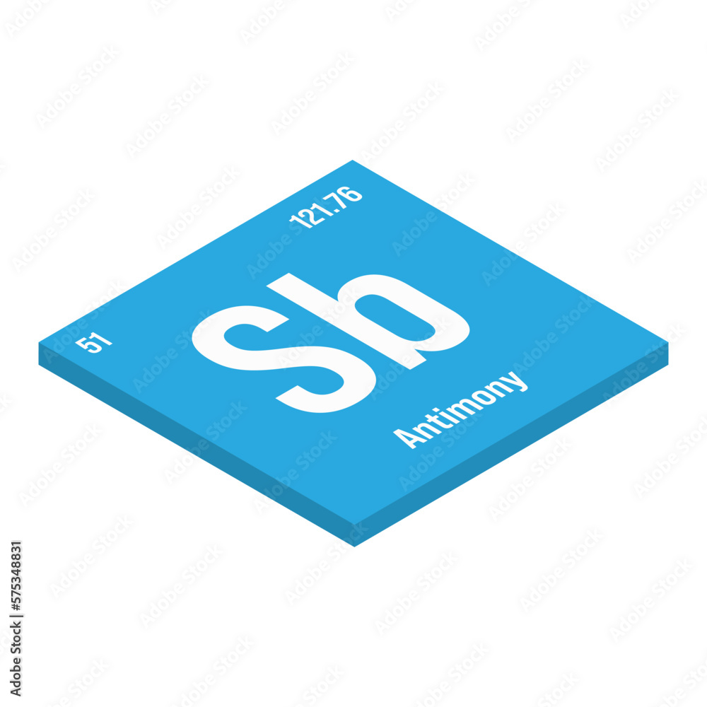 Antimony, Sb, periodic table element with name, symbol, atomic number and weight. Metalloid with various industrial uses, such as in flame retardants, batteries, and as a semiconductor in electronic Antimony, Sb, periodic table element with name, symbol, atomic number and weight. Metalloid with various industrial uses, such as in flame retardants, batteries, and as a semiconductor in electronic