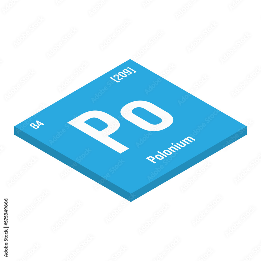 Polonium, Po, periodic table element with name, symbol, atomic number and weight. Synthetic radioactive element with potential uses in scientific research and nuclear power. Polonium, Po, periodic table element with name, symbol, atomic number and weight. Synthetic radioactive element with potential uses in scientific research and nuclear power.