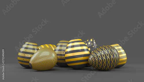 3d render of 8 black and gold easter eggs on black background.