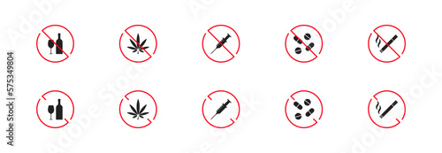No smoking cigarettes, no alcohol, no taking drugs and pills, no marijuanna sign. Stop, forbidden, warning sign set. Vector EPS 10