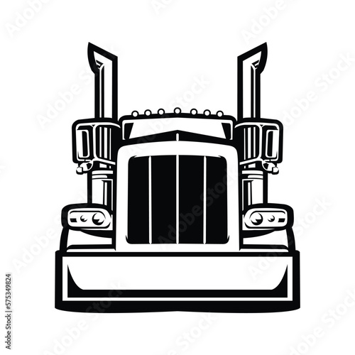 Semi truck silhouette front view black and white vector art in white background. Best for transportation related industry