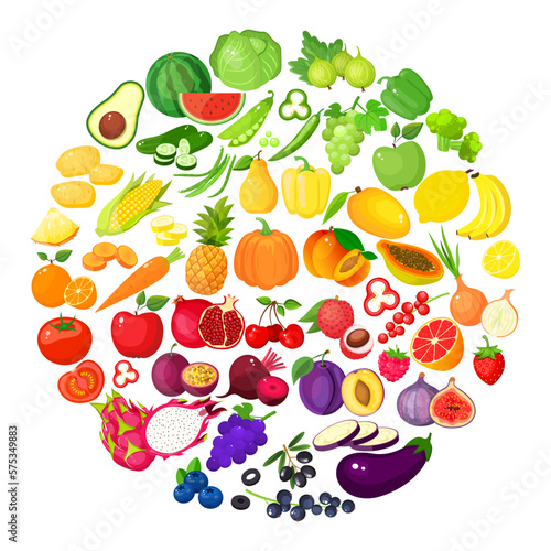 Fototapeta Naklejka Na Ścianę i Meble -  A large mega set of vegetables and fruits in a juicy cartoon style. The concept of healthy food and products. A bright element for your design.