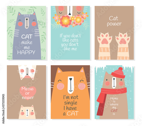 Cat calendar banner set. Collection of graphic elements for website. Seasons, spring, summer, autumn and winter. Kitten and animal. Cartoon flat vector illustrations isolated on white background