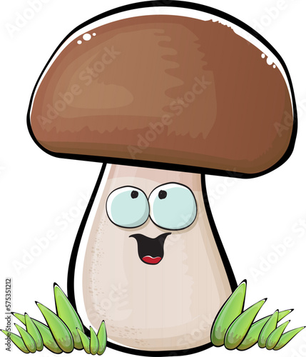 Cartoon mushroom characters isolated on white background. Funky boletus character with eyes and mouth. Vector white mushroom with brown cap clip art, emoji, label and sticker