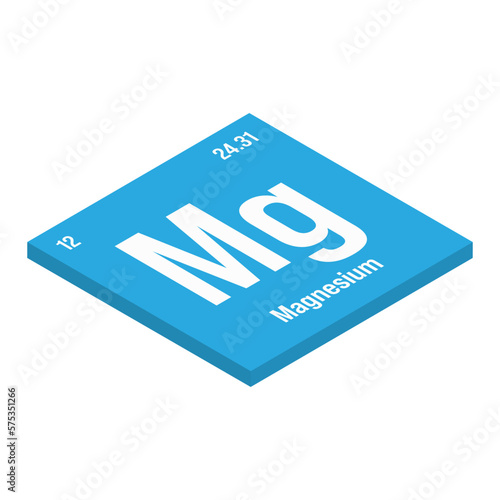 Magnesium, Mg, periodic table element with name, symbol, atomic number and weight. Alkaline earth metal with various industrial uses, such as in alloys, construction, and as a component in certain