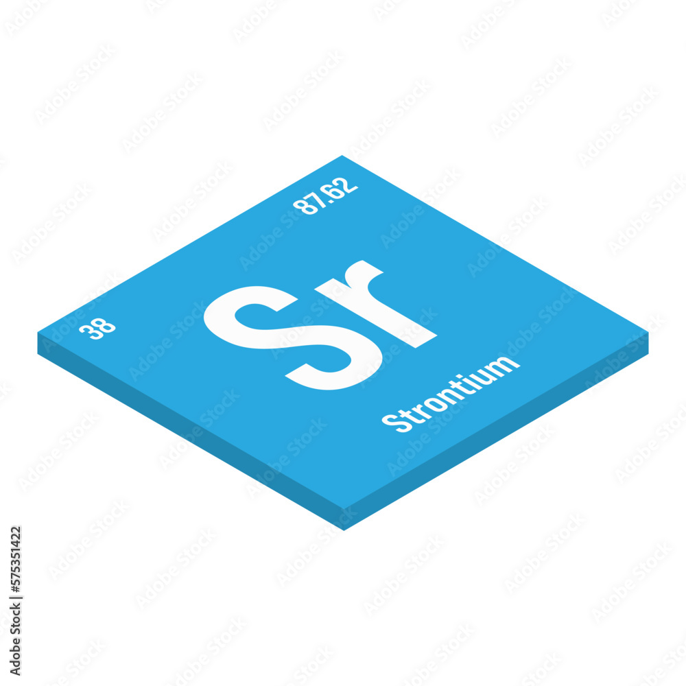 Strontium, Sr, periodic table element with name, symbol, atomic number and weight. Alkaline earth metal with various industrial uses, such as in certain types of glass, fireworks, and as a medication Strontium, Sr, periodic table element with name, symbol, atomic number and weight. Alkaline earth metal with various industrial uses, such as in certain types of glass, fireworks, and as a medication