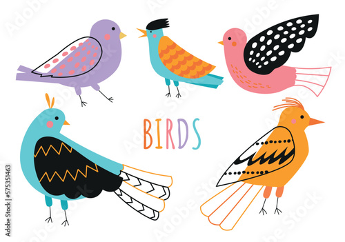 Set of doodle birds. Collection of graphic elements for website. Ornithology, zoology and biology. Animals with feathers and wings. Cartoon flat vector illustrations isolated on white background