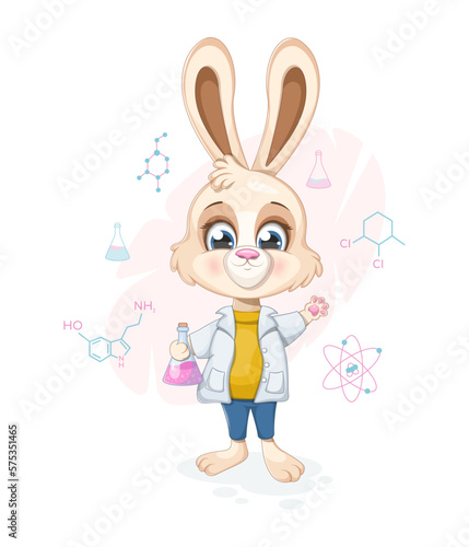 Smart bunny scientist with flasks and chemical formulas