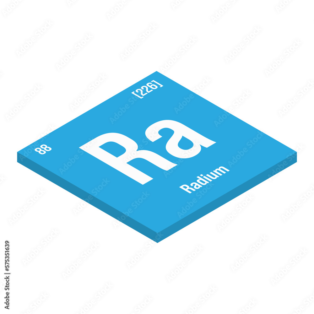 Radium, Ra, periodic table element with name, symbol, atomic number and weight. Alkaline earth metal with radioactive properties, formerly used in medical therapy and as a component of certain types Radium, Ra, periodic table element with name, symbol, atomic number and weight. Alkaline earth metal with radioactive properties, formerly used in medical therapy and as a component of certain types