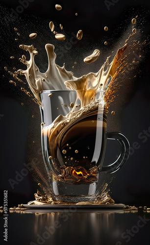 Have a cup of coffee. Splashing coffee, dripping foam on the black table with soft lights against a dark background. AI generative illustration.