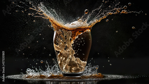 Have a cup of coffee. Splashing coffee, dripping foam on the black table with soft lights against a dark background. AI generative illustration.