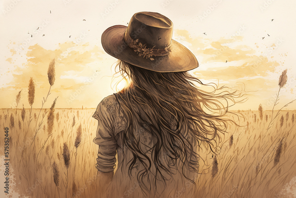 Woman in a hat with long flying hair cowboy standing in a field sunset sunshine, windy weather, sun romantic lifestyle. Generative AI. Woman in a hat with long flying hair cowboy standing in a field sunset sunshine, windy weather, sun romantic lifestyle. Generative AI.