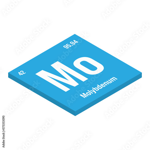 Molybdenum, Mo, periodic table element with name, symbol, atomic number and weight. Transition metal with various industrial uses, such as in steel production, lubricants, and as a catalyst in certain