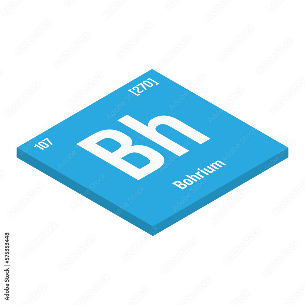 Bohrium, Bh, periodic table element with name, symbol, atomic number and weight. Synthetic element with no known commercial or industrial uses, but has been used in scientific research.
