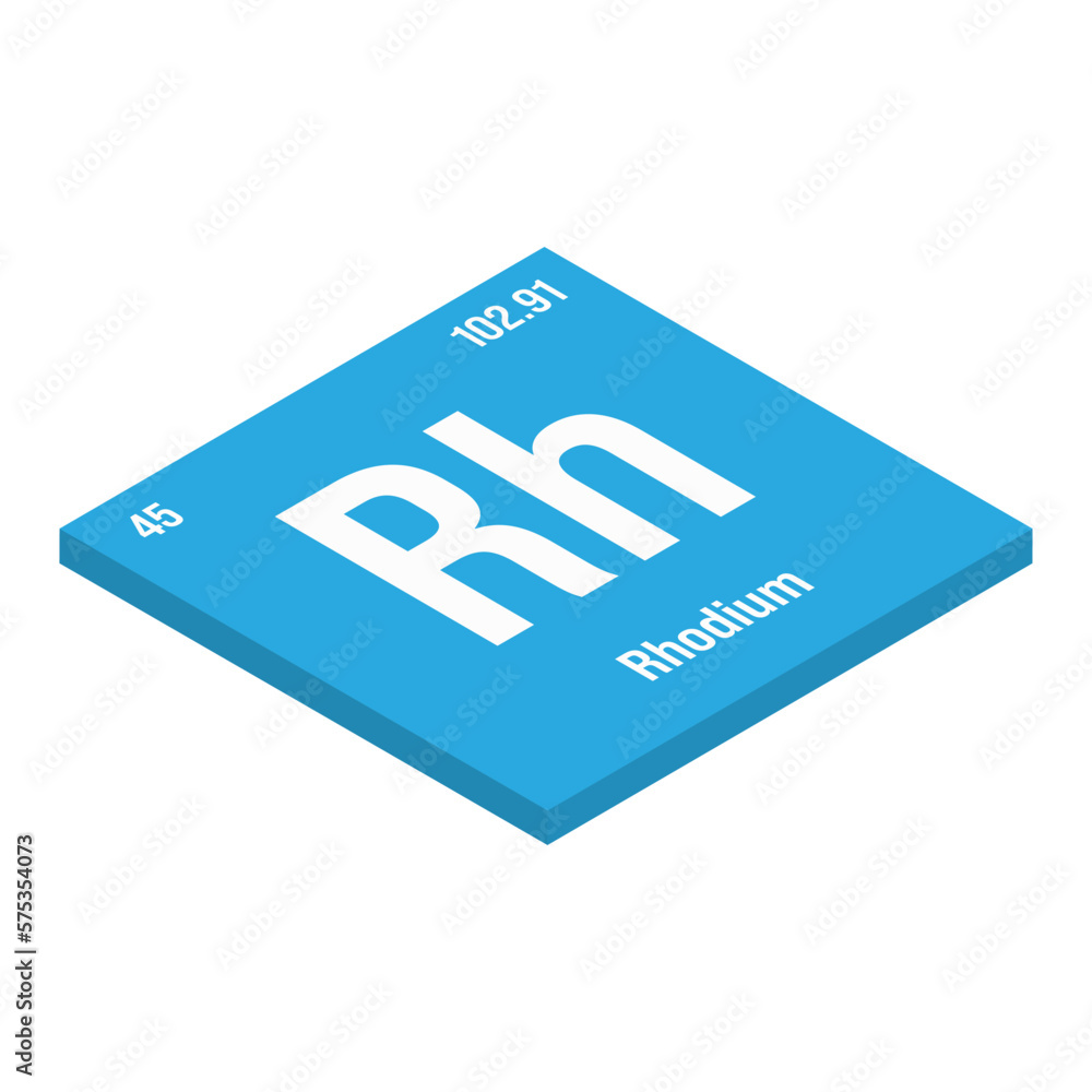 Rhodium, Rh, periodic table element with name, symbol, atomic number and weight. Transition metal with various industrial uses, such as in catalytic converters, jewelry, and as a component of certain Rhodium, Rh, periodic table element with name, symbol, atomic number and weight. Transition metal with various industrial uses, such as in catalytic converters, jewelry, and as a component of certain