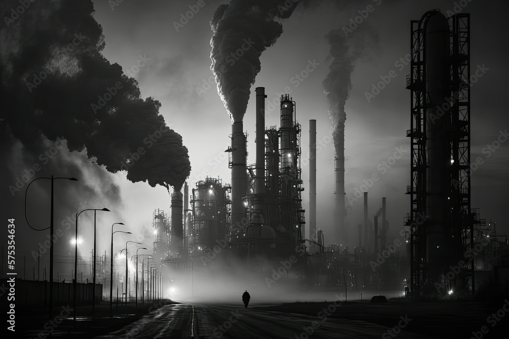 Stockillustratie An operational oil refinery. Heavy smog from the