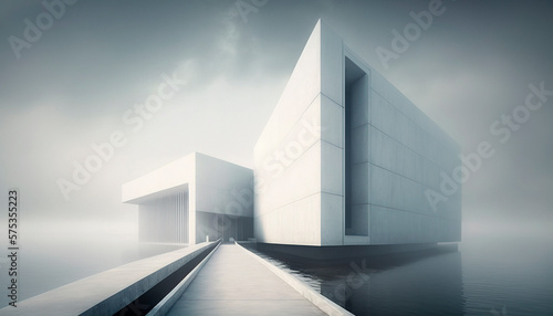 path leading to modern architecture concrete building exterior in the ocean. Generative ai
