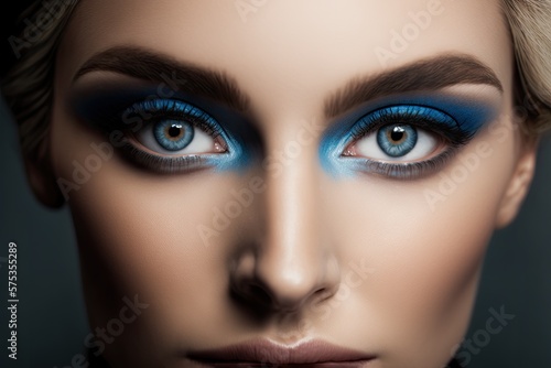 Close up of beautiful woman blue eye make up. Ai generative.