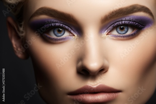 Close up of beautiful woman purple eye make up. Ai generative.