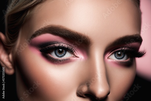 Close up of beautiful woman with pink eyeshadow. Ai generative.