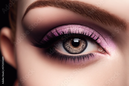 Close up of beautiful woman purple eye make up. Ai generative.