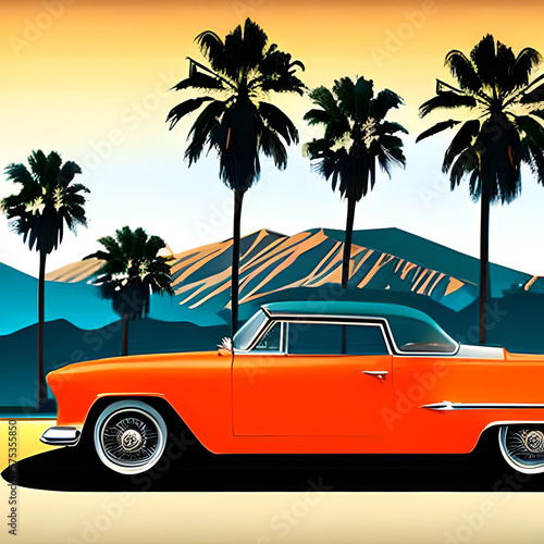 Palm springs touristic greeting card retro car silhouette paint. AI generated illustration