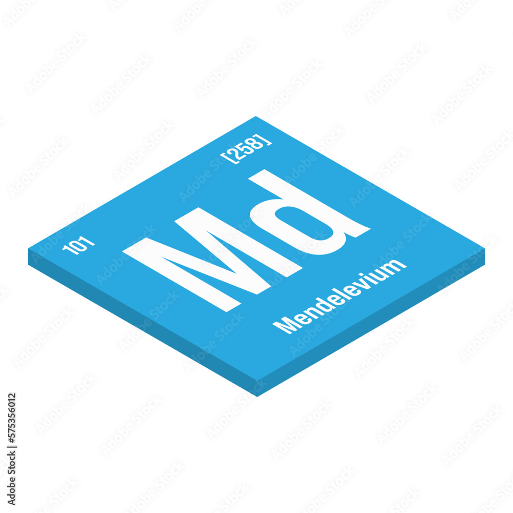 Mendelevium, Md, periodic table element with name, symbol, atomic number and weight. Synthetic radioactive element with potential uses in scientific research and nuclear power. Mendelevium, Md, periodic table element with name, symbol, atomic number and weight. Synthetic radioactive element with potential uses in scientific research and nuclear power.