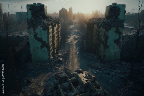 by war a ruined megacity. generative AI photo