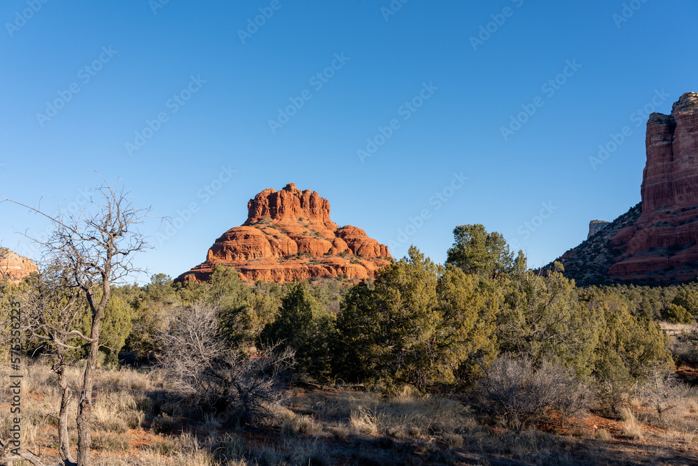 Landscape view of Bell Rock in Sedona Arizona In the morning sun. Beautiful B red rock formation viewed from the Bell Rock Trail.