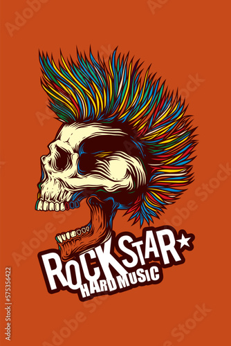 Abstract vector illustration. A skull with an open mouth and a punk rock hairstyle. T-shirt design, stickers, print.