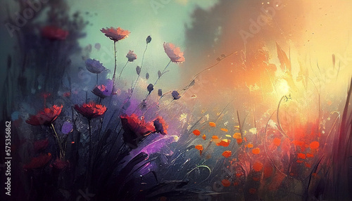dreamy abstract flowers in a meadow calm peaceful landscape , Generative AI