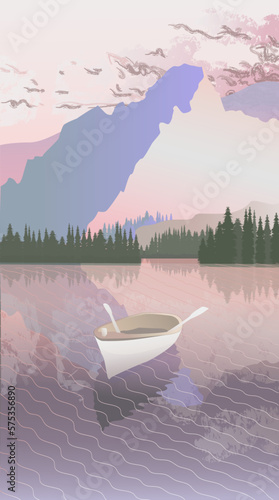 Vector image, a boat on a lake in the mountains