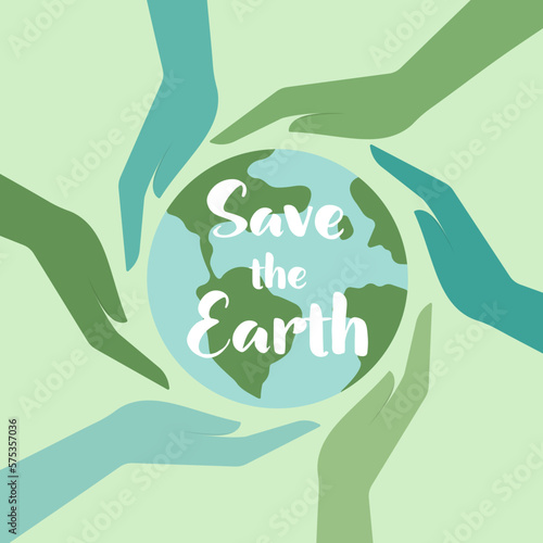 Happy earth day. Different nationality's hands hold and protect the earth, and globes. Hands protect the earth. Earth Day. Vector illustration in flat cartoon style.