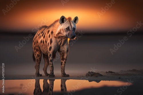 wild dog hyena standing in a pond of water in the middle of dessert with sunset in the background