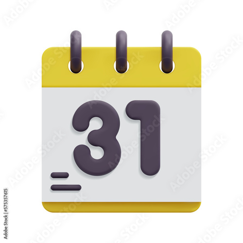 3d calendar date icon vector. 31th day of the month. Isolated on white background. 3d event schedule date concept. Cartoon minimal style. 3d calendar and time planner icon vector render illustration.