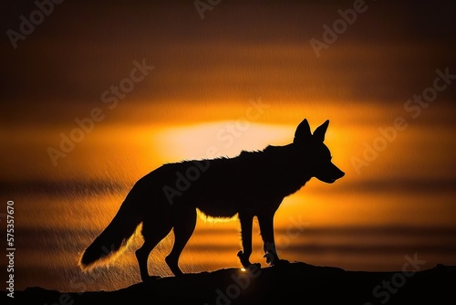 Silhouette of wild dog  backlit with sunset background in the wild