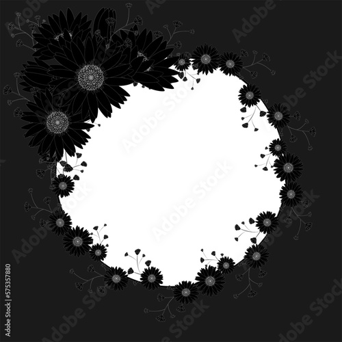 Black flower frame. Black camomile flowers