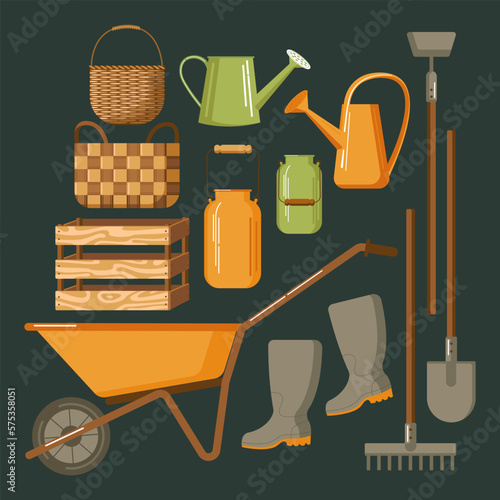 Vector illustration set of gardening tools and supplies