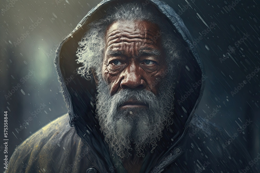 Portrait, black afro-american old man, with beard and sad face, Ai Generative.