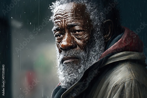 Portrait, black afro-american old man, with beard and sad face, Ai Generative.